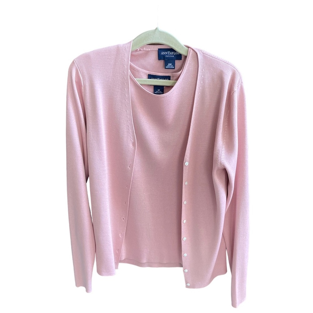 Ann Taylor 100% silk cardigan & shell twin sweater set soft pink spring Easter